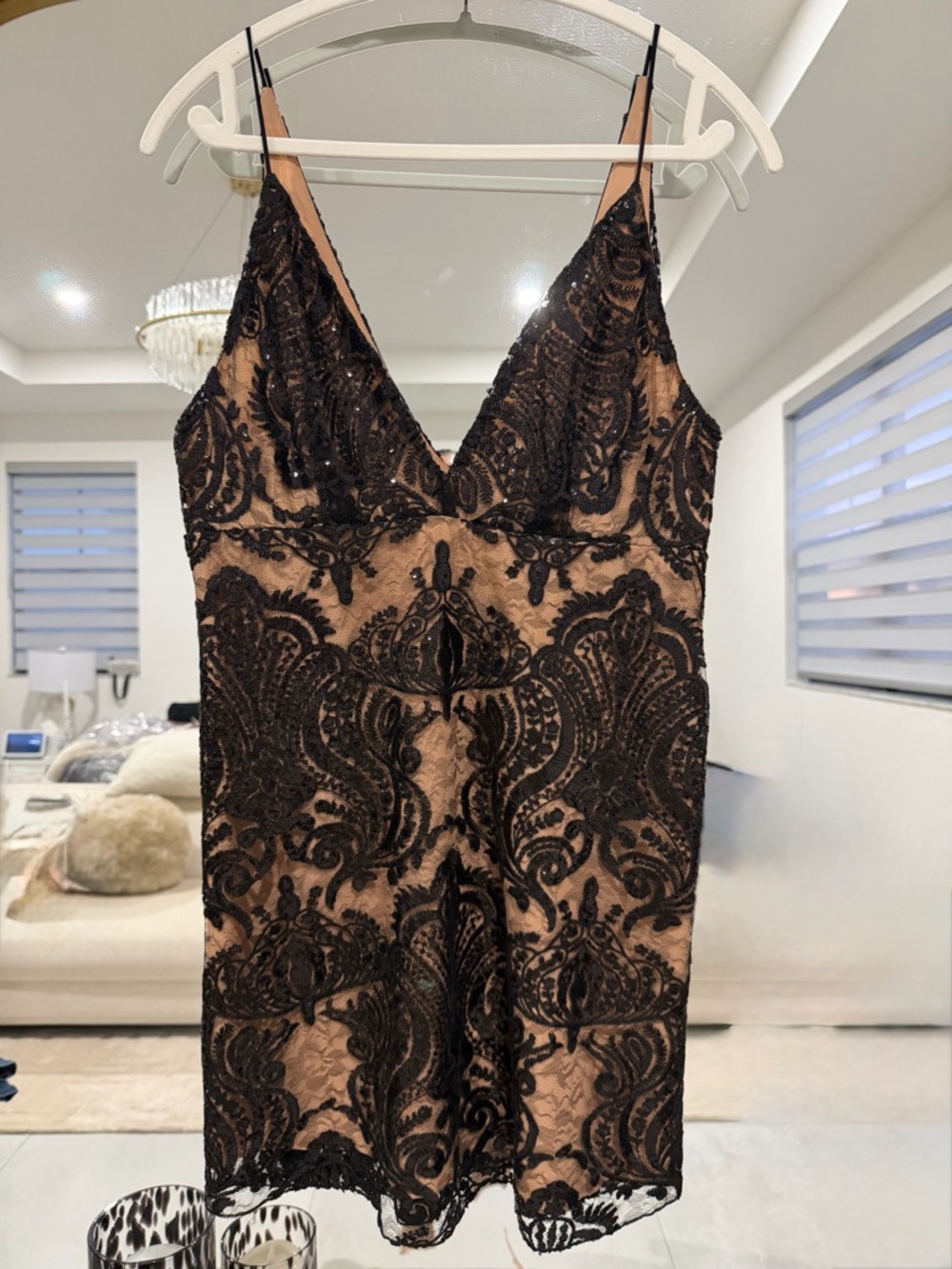 Free People Women’s Black Lace Overlay Midi Dress with Nude Slip & Zipper Size 8